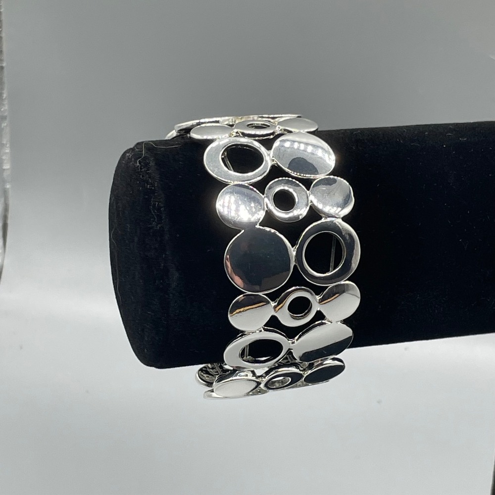Silver Tone Geometric Open Circle‎ Stretch Bracelet Wide Cuff Bangle 70's vibe